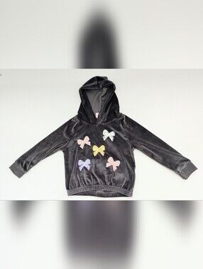 Penelope Mack Girls' (Size 5) Dark Grey Ribbed Velvet Hoodie w/Sequins Bows